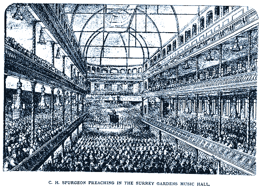 C.&nbsp;H. Spurgeon preaching in the Surrey Gardens Music Hall.