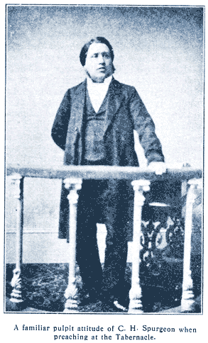 A familiar pulpit attitude of C.&nbsp;H. Spurgeon when preaching at the Tabernacle.