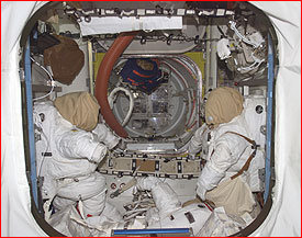The space suits ready in the airlock